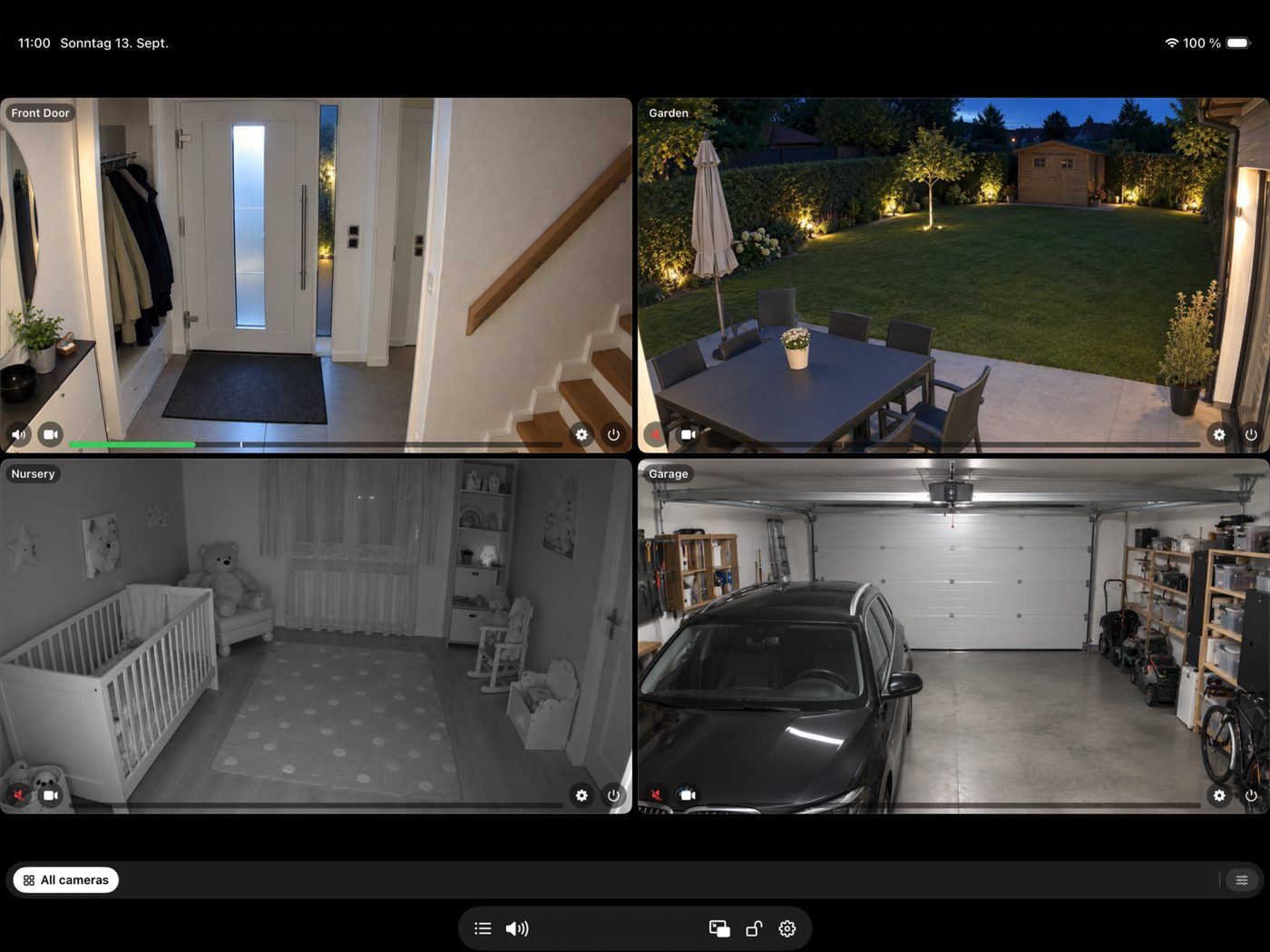 RTSP Mixer on iPad showing four cameras: Front Door, Garden, Nursery and Garage.