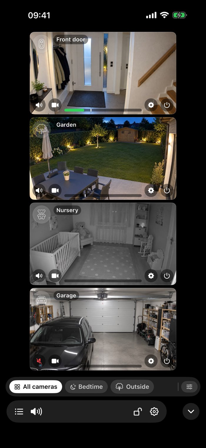 RTSP Mixer on iPhone, four cameras stacked.